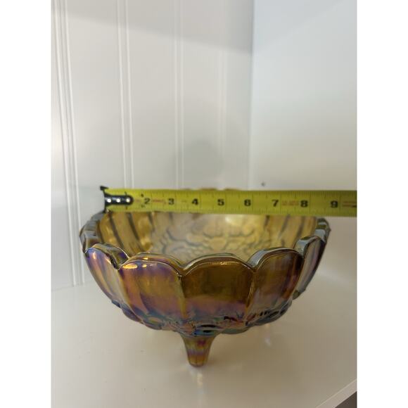Indiana Glass Iridescent Carnival Amber Glass Oval Fruit Bowl Footed Vintage - Picture 4 of 10